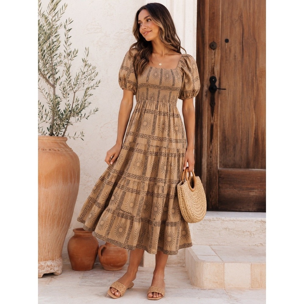 Petal + Pup Midi Dress US S Brown Smocked Puff Sleeve Cotton Boho